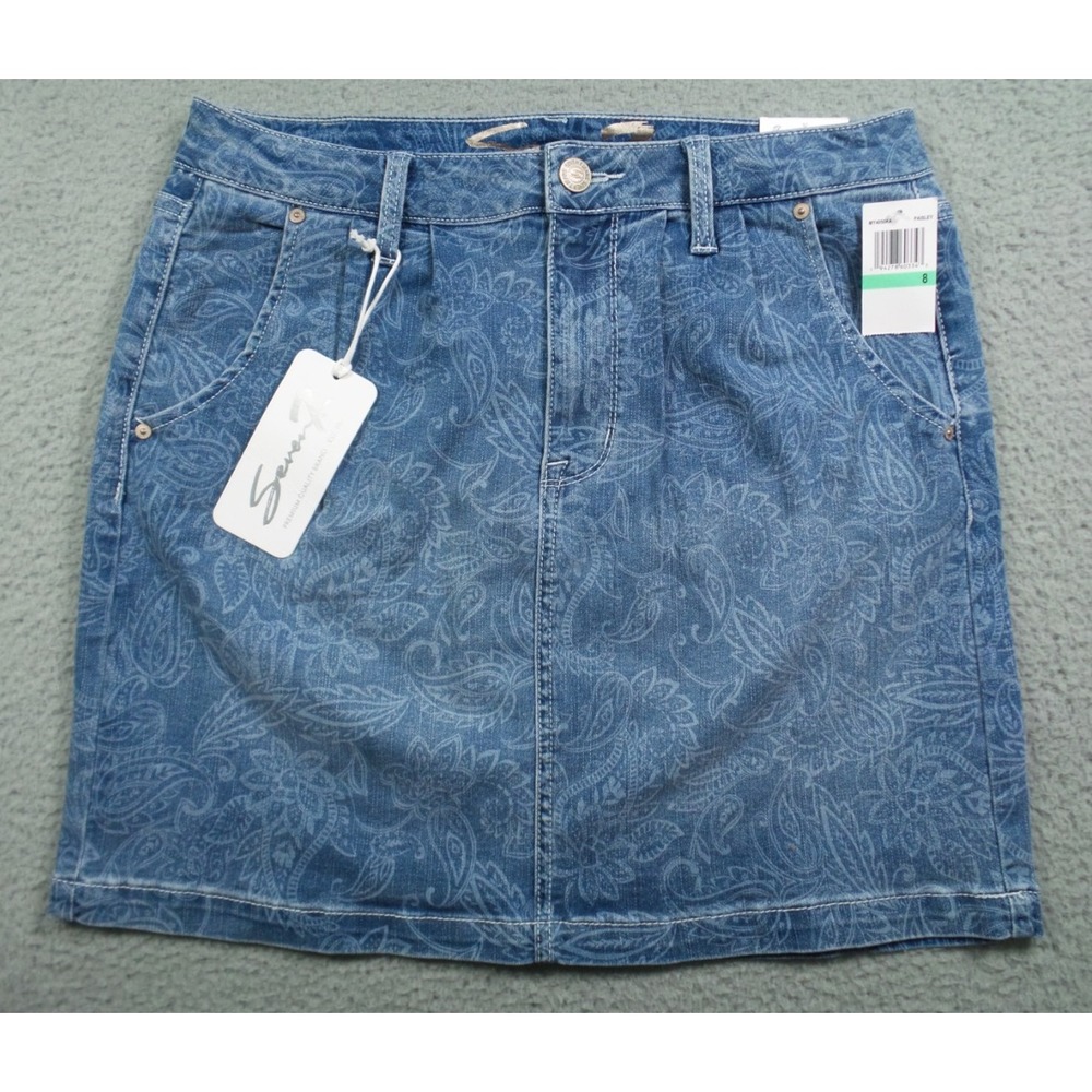 Seven 7 Jean Skirt Womens Size 8 Blue Denim Delancey Paisley‎ Stretch NWT